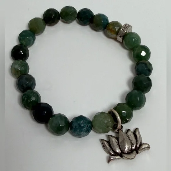 Moss Agate & Pewter Lotus Charm Stretch Bracelet NIP - Hazel and Harmony - Picture 3 of 13